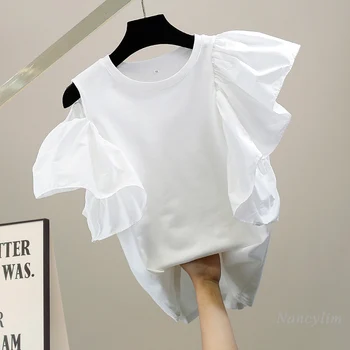Mados Ruffles Susiuvimo Plaukioja Rankovėmis Off-Pečių vientisos Spalvos marškinėliai Moterims (2022 M.) Vasaros Laisvalaikio Temperamentas Viršų Mados Tees