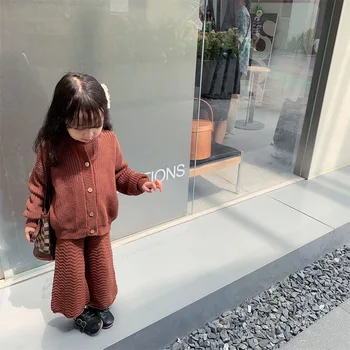 Rudens, Žiemos Mergaitės Korėja Stiliaus Megztiniai Laisvalaikio Kostiumas Vaikų Kietas Megztiniai O-kaklo, viršutinių drabužių siuvimas+ilgas Kelnes 2 dalių Komplektas