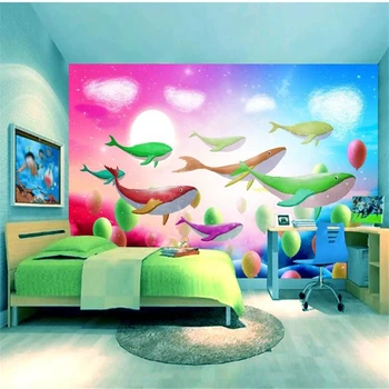 wellyu Užsakymą tapetai Pradinį vaikų kambarys banginis ranka-dažytos animacinių filmų balionas kūrybos TV fono sienos tėtis peint