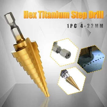 1pcs Hex titano žingsnis kūgio formos grąžtas 4-22mm skylę smulkinimo frezos HSS 4241 lakštinio metalo apdorojimas, medienos gręžimo galia įrankis