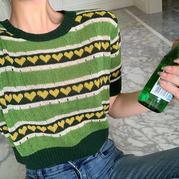 2021 M. Pavasario Vasaros Trumpomis Rankovėmis Megztiniai Moterims Vintage Žalia Juostele Širdies Modelio Megzti Viršų Pasėlių Trikotažas Mielas Moteriški Džemperiai