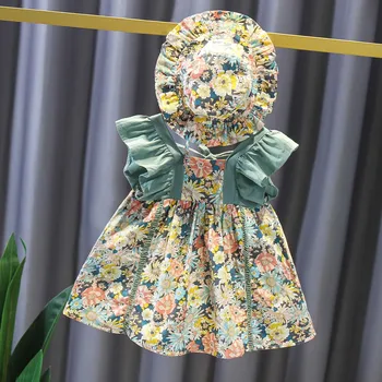 2021 Mergaičių Vasaros Drabužių Naujo Stiliaus Medvilnės Mielas Gėlių Gėlių Suknelė+Skrybėlės 2vnt Rinkinius, Skirtus Kūdikių Mergaičių Mados Drabužiai