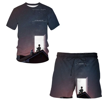 2021 Naujas Miestas, night scene 3D Spausdinimo Prabanga trumparankoviai Tiktų Vyras, Moteris, Vasaros Drabužius T-marškinėliai + šortai 2-piece T-shirt