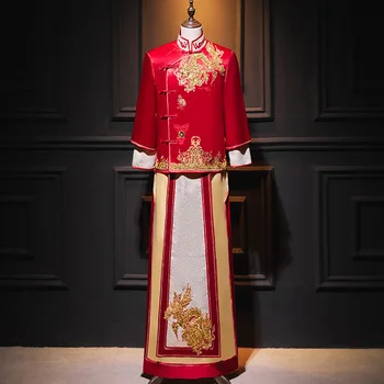 2022 M. Derliaus Ilgomis Rankovėmis Vestuvių Suknelė Tradicinės Kinų Vyrų Red Dragon Blizgučiai Siuvinėti Drabužiai