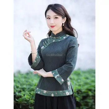 2023 kinijos moterų gėlių spausdinti į viršų tango kostiumas retro nacionalinės stiliaus qipao stovėti apykaklės pagerėjo cheongsam zen arbatos palaidinė g457