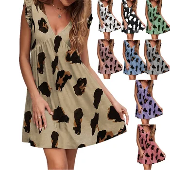 22022 Pavasario Ir Vasaros Moterų V-kaklo Lotus Lapų Trumpas Rankovės Leopard Print Suknelė
