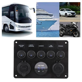 5 Gauja 12V/24V Inline-Saugiklių dėžė LED Jungiklio Skydelis Dual USB Car Valtis, Sunkvežimis, Kemperis