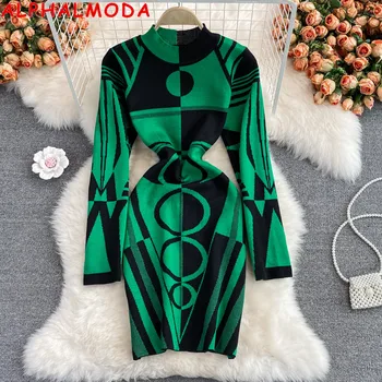 ALPHALMODA 2021 m. Rudenį Naujų Geometrinis Modelis ilgomis rankovėmis Moterims Mezgimo Suknelė Vintage Stiliaus Puloveriai Chic Ponios Megztinis Suknelė