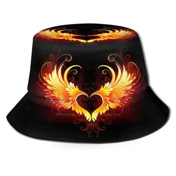 Angel Fire Širdies Su Bucket Hat Paplūdimio Turizmo Skrybėlės Kvėpuojantis Saulės Bžūp Gaisro Širdies Ir Gaisro Raudonas Juodas Fonas Sparnuotas Švyti