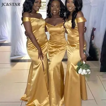 Aukso bridesmaid dresses su sleevesSexy V neckOff Peties Afrikos vestidos para bodas mujer invitadaSatinevening Chalatai