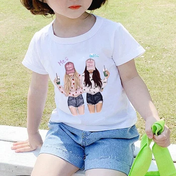 Baby Girl Marškinėliai Geriausiais Draugais Spausdinti Viršūnes Drabužiai Vaikams Juokinga T-shirt Apvalus Kaklas Baltas Marškinėlius Vaikai Mergaitės Tee Marškinėliai