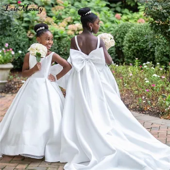 Baltųjų Gėlių Mergaičių Suknelės Vestuvėms Masinantis Valymo Traukinio Satino Pirmos Komunijos Suknelė Su Bowknot Afrikos Vaikas Drabužiai