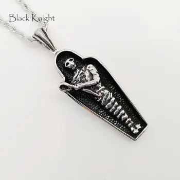 Black Knight Gothetic karstą skeletas pakabukas karoliai Senovinių sidabro spalvos karstą mumija skeletas karoliai vyrų punk BLKN0726