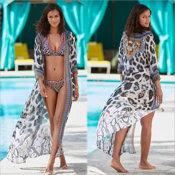 Bohemijos Leopardas Spausdinti Moterų Paplūdimio Suknelė Maudymosi Kostiumą Padengti Iki Vasaros Cardigan Bikini Danga-ups Paplūdimio Skraiste