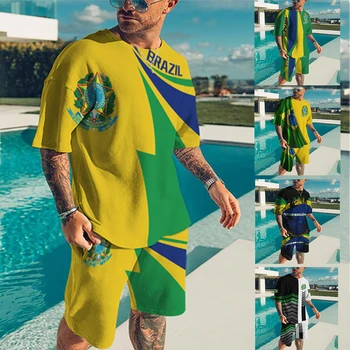 Brazilija, T-marškinėliai, Šortai Vyrų Rinkiniai Plius Dydžio Atitikimo Rinkiniai 3d Spausdinimo Quick Dry Vyrų Drabužiai Įgulos Kaklo Paplūdimio Atsitiktinis Streetwear