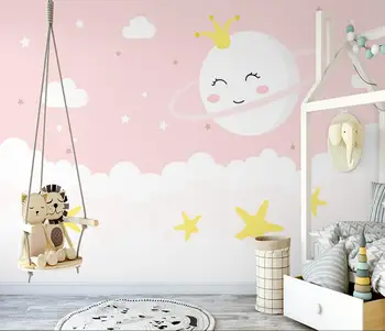 Custom rožinė žvaigždėtas dangus mielas mėnulis tapetai, vaikų kambarys princesė kambario 3D sienų tapetai sienų papuošimai kambarį