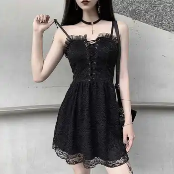 Demonia Nauja Juoda Retro Seksualios Viktorijos Gotika Nėrinių Slydimo Sijonas Rankovių Vasaros Suknelė Tamsiai Viršūnes Lolita Dress Tvarstis Moterų Suknelė
