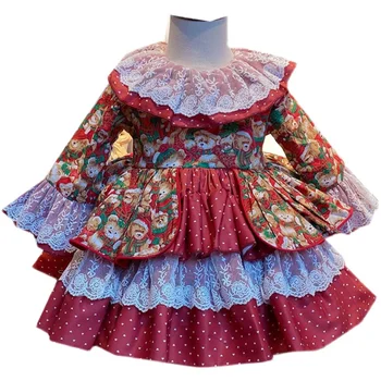 Derliaus ispanijos Turkijos baby girl spausdinti princesė dress vaikai nėrinių susiuvimo rankovėmis varpo Kalėdų kamuolys suknelė suknelė