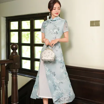 Derliaus Kinijos Qipao Cheongsam Suknelė Moterims Stovėti Apykaklės Slim Ilgos Suknelės Elegantiškas Oficialią Šalies Drabužių Su Mygtukais