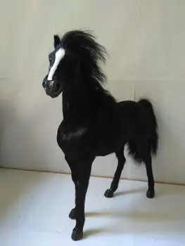 didelis modeliavimas black horse žaislas polietileno&kailiai karo arklių lėlės modelio dovana, apie 34x36cm 1979 m.