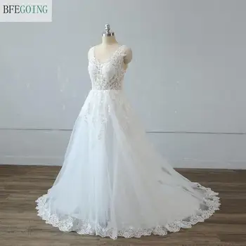Dramblio Kaulo Tiulio Nėrinių A-Line Wedding Dresses Koplyčia Traukinys Užsakymą Rankovių Grindų Ilgio Vestuvinės Suknelės