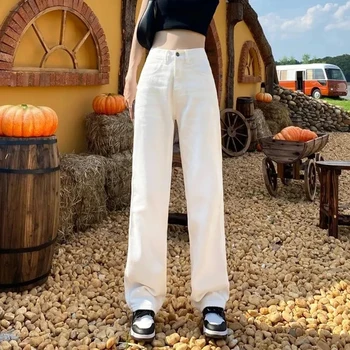 Džinsai Moterims Didelio Juosmens Pločio Ziajać Kojos Korėjos Mados Baggy Dygsniuotas Balta Tiesiai Džinsinio Audinio Kelnės Vasaros Atsitiktinis Streetwear Kelnės