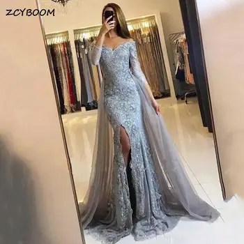 Elegantiška, Undinėlės Oficialią Vakaro Suknelės 2022 Off Peties Tiulio Appliques Karoliukai Ilgomis Rankovėmis Prom Chalatai Pusėje Ritininės Rūbeliai De Soirée