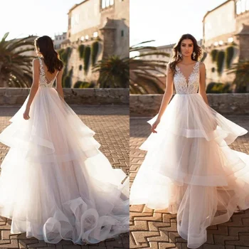 Elegantiškas-Line Backless Vestuvių Suknelės 2021 Rankovių Tiulio Pakopų Appliques Ilgos Vestuvinės Suknelės Valymo Traukinio Vestido De Novia
