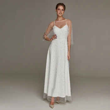Elegantiškas Perlai Dalyvavimas Vestuvių Suknelė Kulkšnies Ilgio Balta Nuotakos Suknelė Moteris Criss-Cross Iliuzija Pusė Rankovės Vestidos Novia