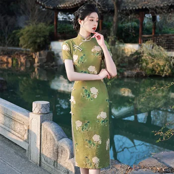 Elegantiškas Plonas Qipao Moterų Derliaus Etninės Stiliaus Cheongsam Tradicinių Trumpas Rankovės Jauna Mergina Kinų Stiliaus Suknelė Modernus Naujas 2022