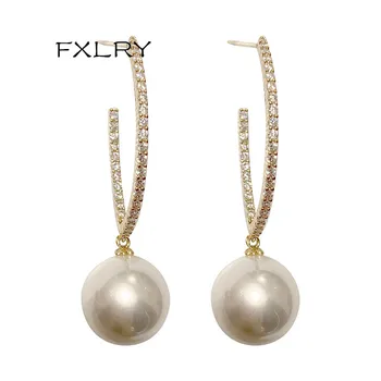 FXLRY Elegantiškas Aukso Spalvos Cirkonio C formos perlų pakabukas ilgi auskarai Moterims, bižuterijos