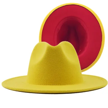 Geltonos Spalvos Unisex Išorinis Vidinis Raudonos Kratinys Manė, Džiazo Skrybėlę Bžūp Vyrai Moterys Plokščių Kraštų Vilnos Mišinys Fedora Skrybėlės Panama Trilby Vintage Hat 
