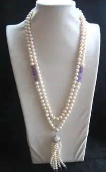 Gražus gėlavandenių perlų balta apvali kabliuko pakabukas karoliai 48