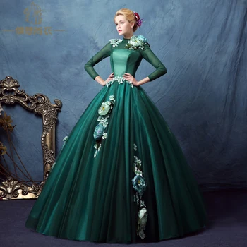 ilgomis rankovėmis tamsiai žalios apykaklės, peties gėlių ornamento formavimas etape suknelė Viktorijos suknelė/šalis/stage performance/viduramžių suknelė/belle