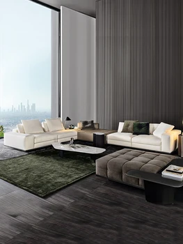 Italijos prabangių odos audinio sofos derinys Šiaurės minimalistinio didelio dydžio aukštos klasės kampe odos sofos