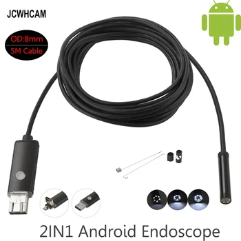 JCWHCAM USB, Android Endoskopą 8mm 5m Ilgio Endoskopą 2M HD Tikrinimo Kamera Gyvatė Vandeniui Gyvatė Vamzdis Borescope Cam