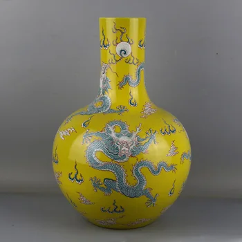 Jingdezhen Antikvariniai Čing kanas-b įrašytas Geltonas Drakonas vaza penkių pastelinių krosnies seno porceliano papuošalus