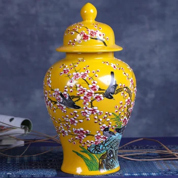 Jingdezhen geltona Ranka-dažytos Spalvota Glazūra, Gėlių Ir Paukščių Šventykla jar Vaza Kambarį Amatų, keramikos imbieras jar vaza