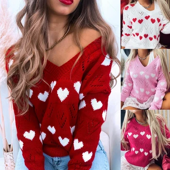 Kalėdų Megztiniai Megztiniai Moterims, Tuščiaviduriai Puloveriai Širdies Modelis ilgomis Rankovėmis V-kaklo Džemperis