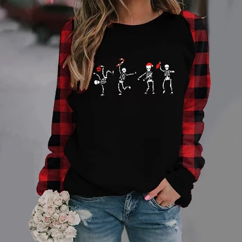 Kalėdų Skeletas Kaukolės Spausdinti Juokinga Moterų marškinėliai Crewneck Puloveriai Juoda ir Raudona Skara Raglan Rankovėmis Rudenį Atsitiktinis Marškinėliai