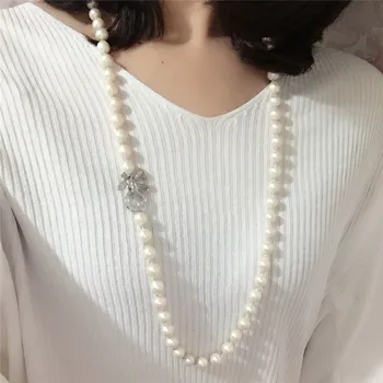 karšto parduoti 75cm balti 8-9mm natūralių gėlavandenių perlų bowknot užsegimas karoliai ilgas megztinis grandinės bižuterijos