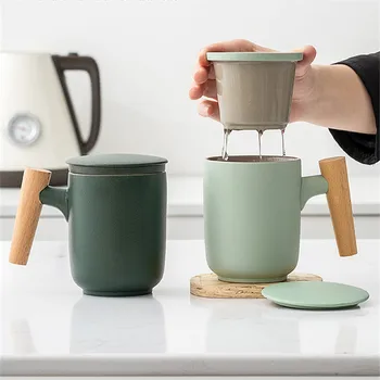 Keramikos matinio namų biuro medinė rankena stambių keraminių asmens puodelis su dangteliu filtras arbatos atskyrimo arbatos priėmimo taurė