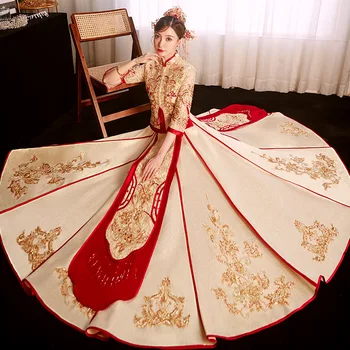 Kinijos Etninės Tendencijos Vestuvių Suknelė aukštos klasės Kostiumai, Tradicinė nuotaka šampano aukso Xiuhe vestuvių Ceremonijos Pora Drabužių