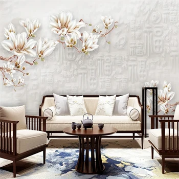 Kinų Stiliaus Magnolija Gėlės Šakos, 3D Reljefo neaustinių Tapetai Miegamajame, Gyvenamasis Kambarys Dekoro TV Foną Užsakymą Didelė Freska