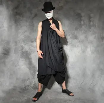 Kinų stiliaus vyrų derliaus ilgai dizaino vest mens asmeninį poncho nesimetriškas vyrų ploni apatiniai marškiniai vyrams blusa masculina juoda pilka