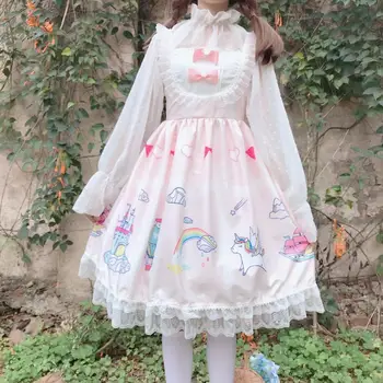Lolita dress vasaros Derliaus Kawaii mielos moterys studentų mezgimas nėriniai lankas spalva vienaragis mažų šviežių berankovis suknelė mielas