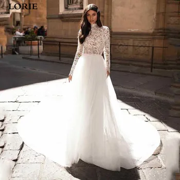 LORIE Linijos Musulmonų Vestuvių Suknelės ilgomis Rankovėmis Aukštu Kaklu Nėrinių Boho Nuotakos Suknelės, Vestidos de novia