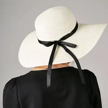 Mados Moterų Skrybėlę Bowknot Bžūp Šiaudų Didelis Kraštų Skėtį Nuo Saulės Paplūdimyje, Sulankstomas Juostelės Vasarą Priedai