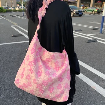 Mados Plisuotos Moterų Krepšys Pink Gėlių Mergaičių Studentų Laisvalaikio Nešti Rankinės Didelės Talpos Ponios Kelionės Pečių Krepšiai