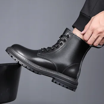 mens mados motociklo batai juoda banga originalus odiniai batai kaubojus platforma įkrovos nėriniai-up gražus trumpas botas hombre zapatos